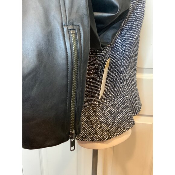 Theory Black & White Tweed Zip-Up Moto Jacket Lamb Leather Sleeves, Size 6 - Picture 7 of 12